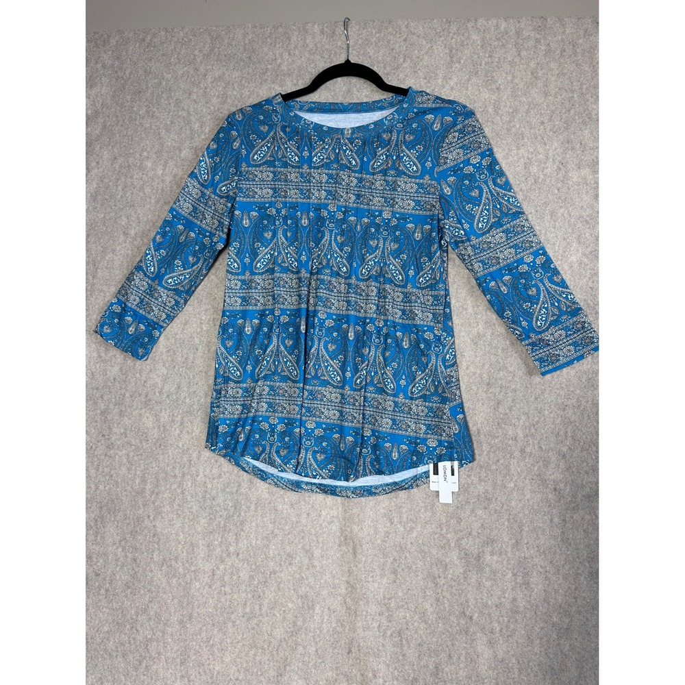 LOMON Womens Blue Paisley Tunic Top 3/4 Sleeve Crew Neck Boho Shirt Small NWT